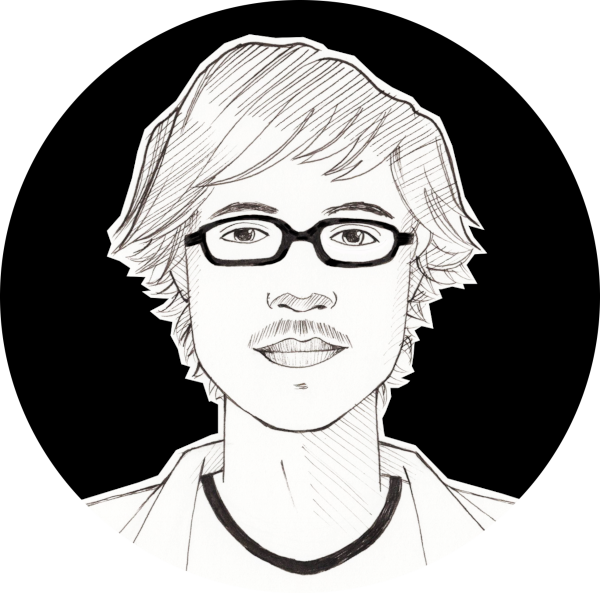 black-and-white drawing of a young man with glasses